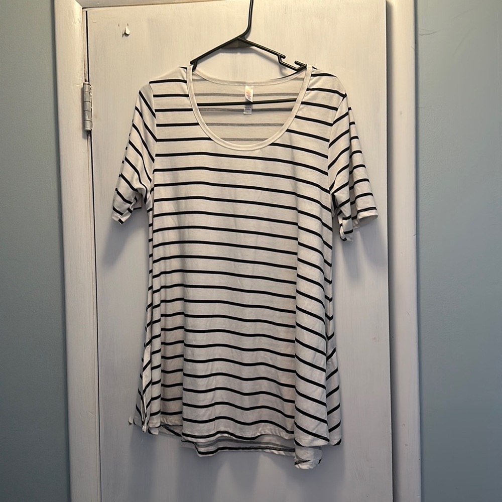 Lularoe top, white with black stripes, size L.
